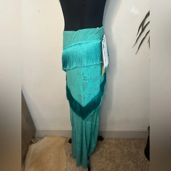 NWT PatBO fringe & lace teal green maxi skirt crochetsize 4